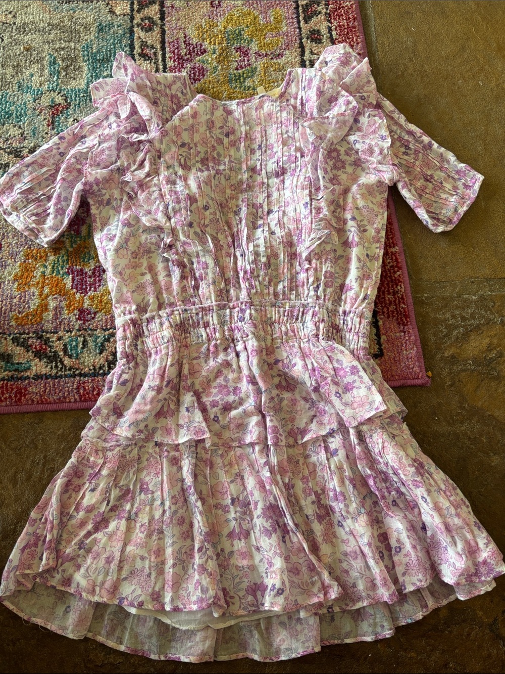 Loveshack Fancy Girls Pink Floral Ruffle Tiered Casual Dress. Kids XS